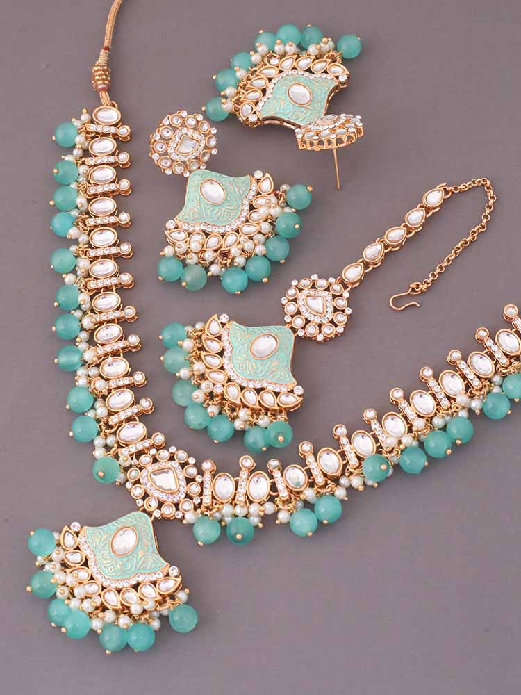 Turquoise Cheshta Kundan Jewellery Set - Image 4