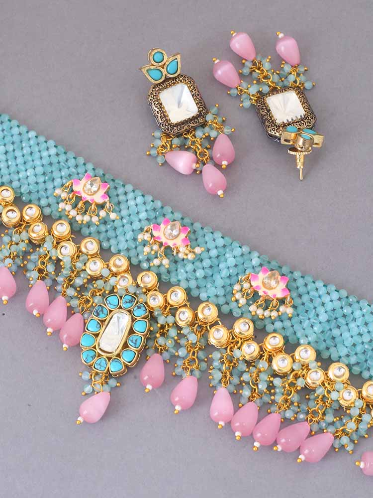 Turquoise Hiral Kundan Jewellery Set - Image 4