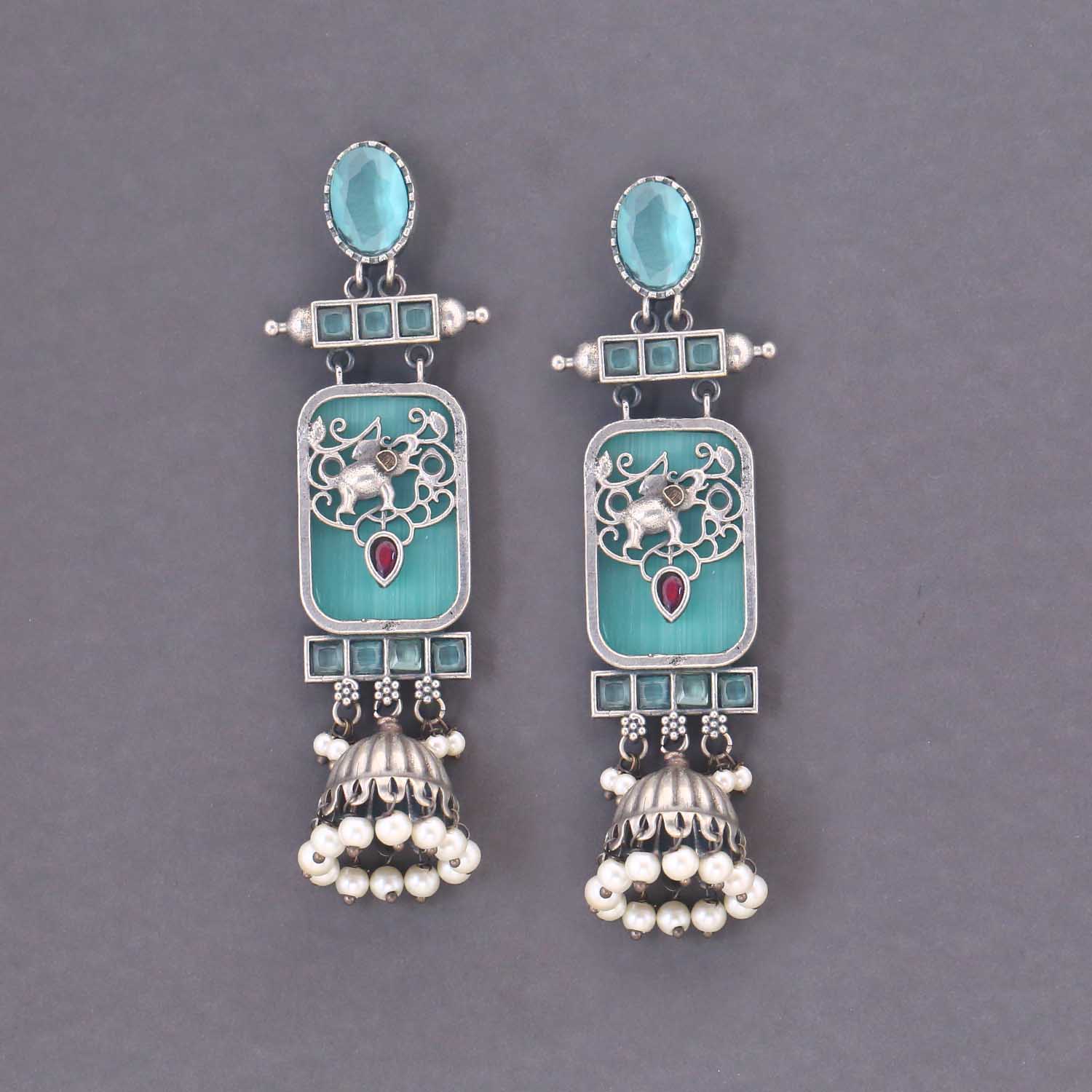 Turquoise Mukkishi Oxidised Jhumkis - Image 3