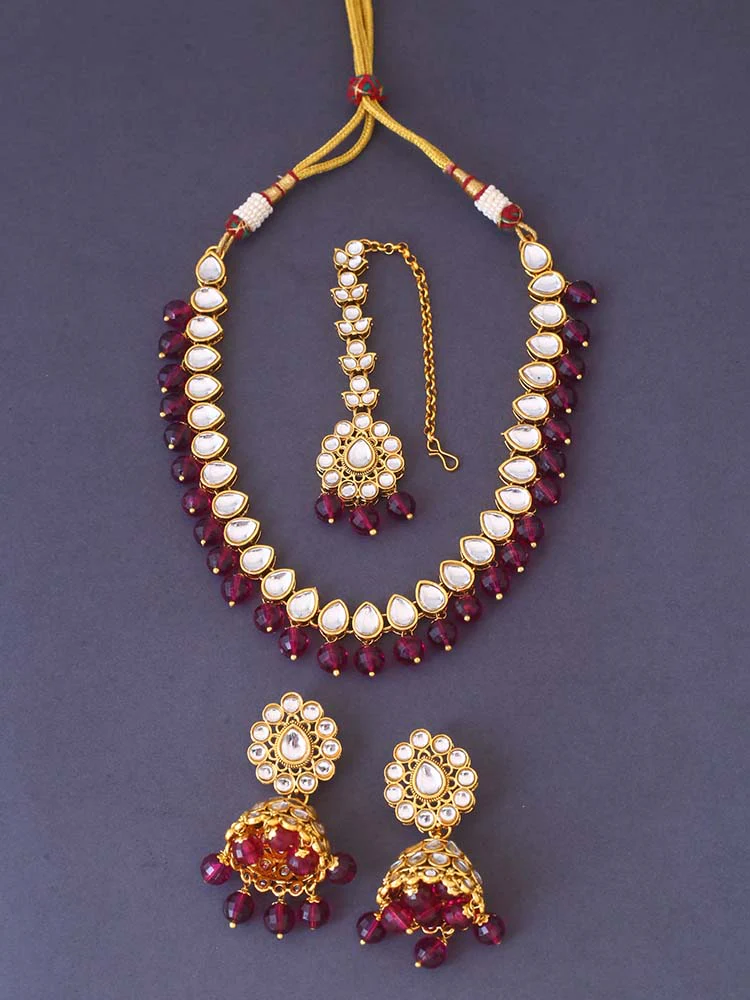 Wine Aaradhya Kundan Jewellery set - Image 3