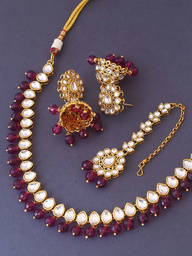 Wine Aaradhya Kundan Jewellery set - Image 4