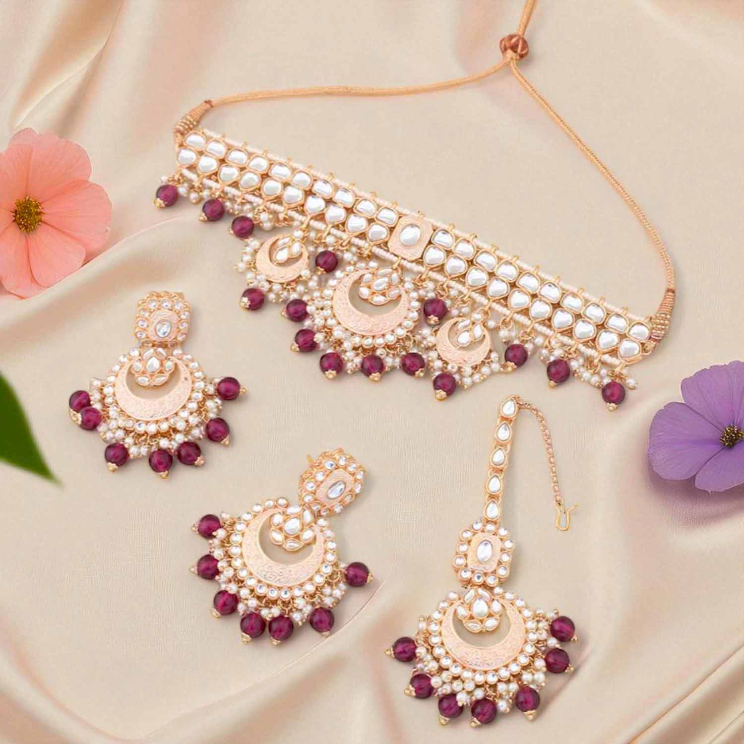 Wine Ajala Kundan Jewellery Set - EOSS - Image 2