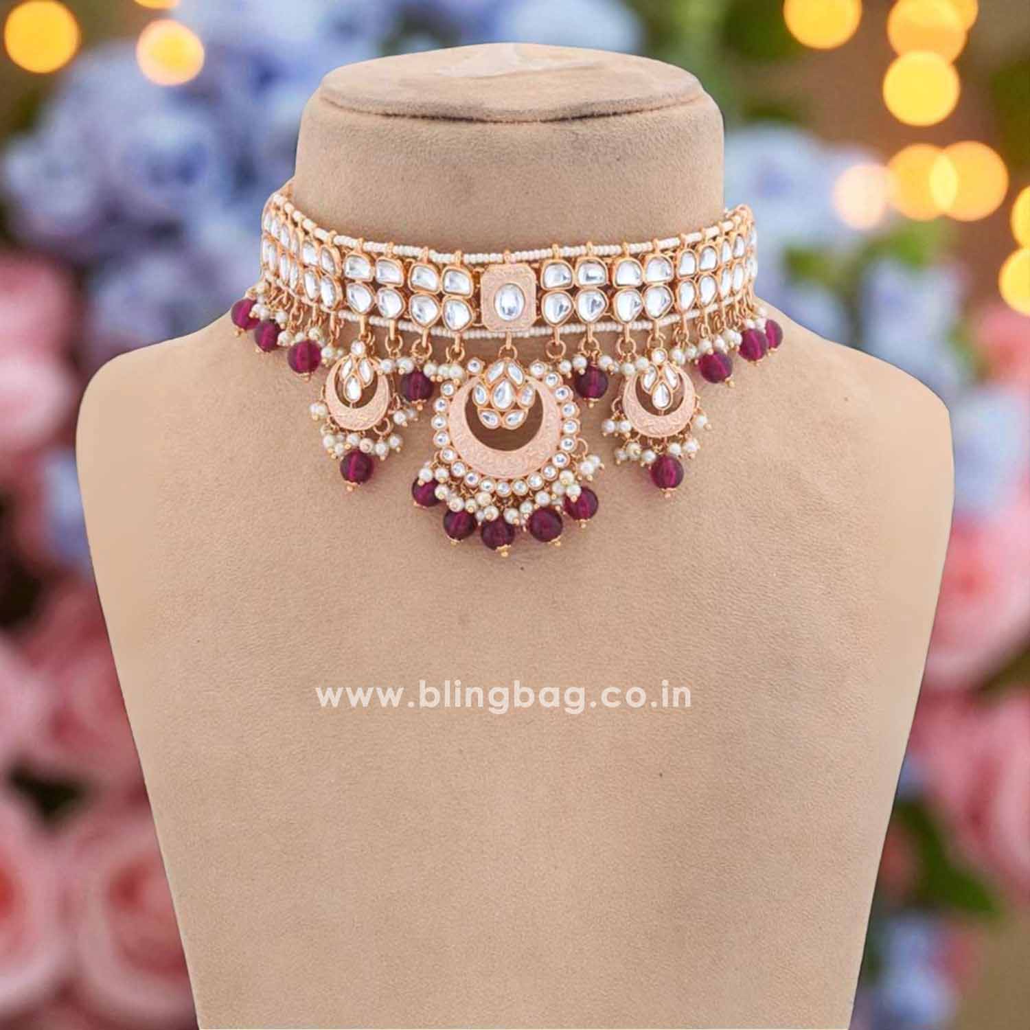 Wine Ajala Kundan Jewellery Set - EOSS - Image 3