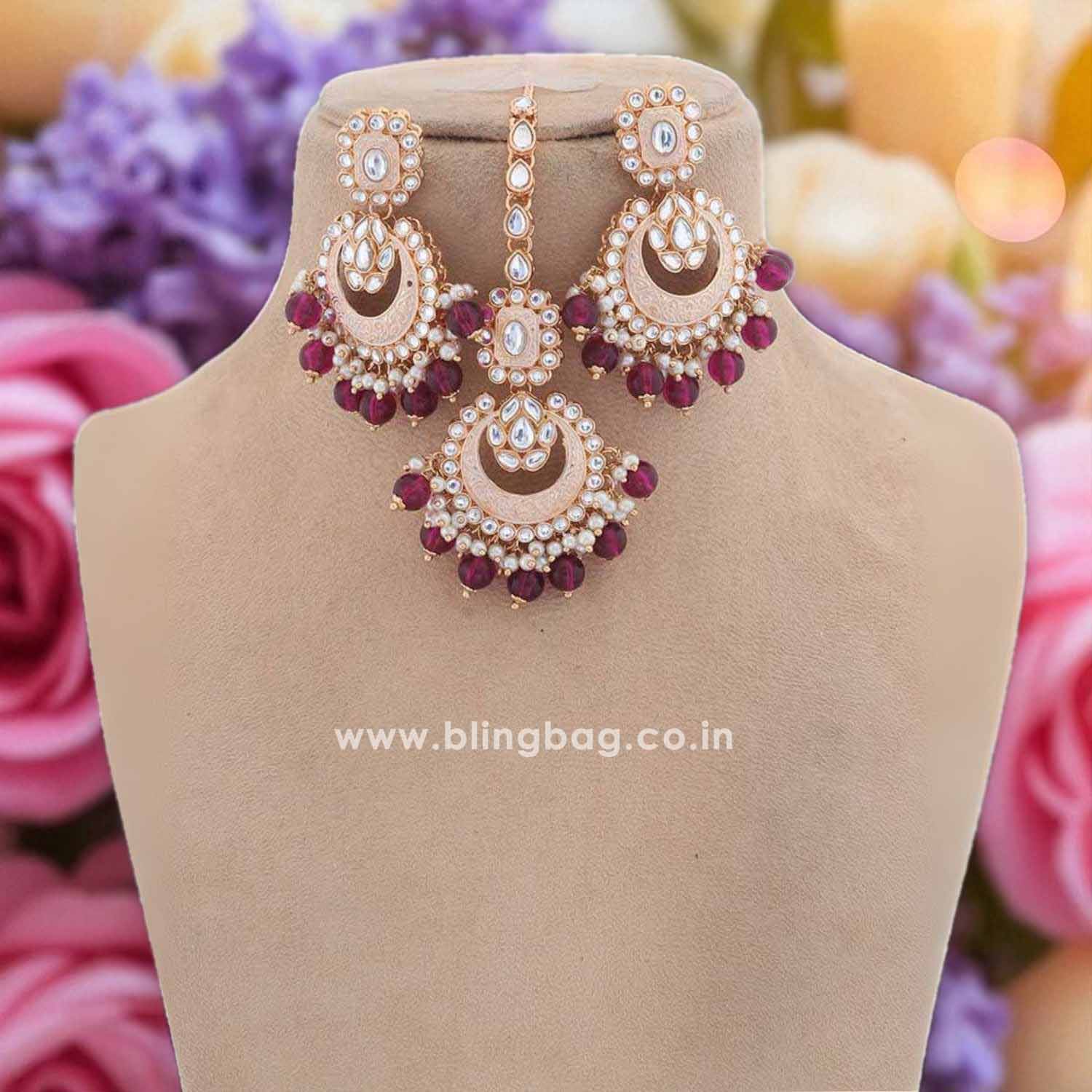 Wine Ajala Kundan Jewellery Set - EOSS - Image 4