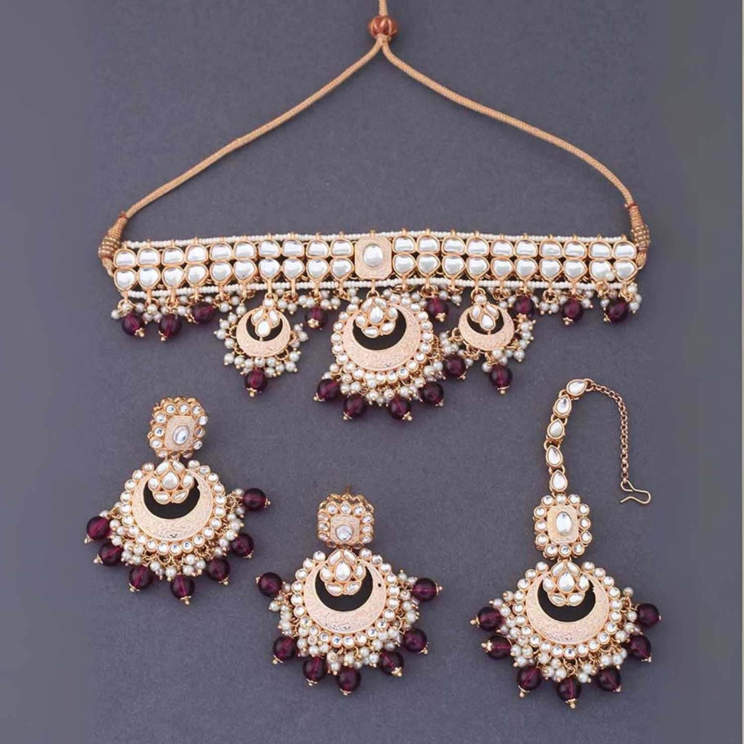 Wine Ajala Kundan Jewellery Set - EOSS - Image 5