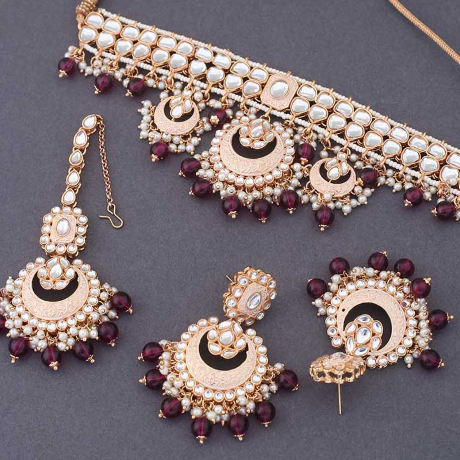 Wine Ajala Kundan Jewellery Set - EOSS - Image 6