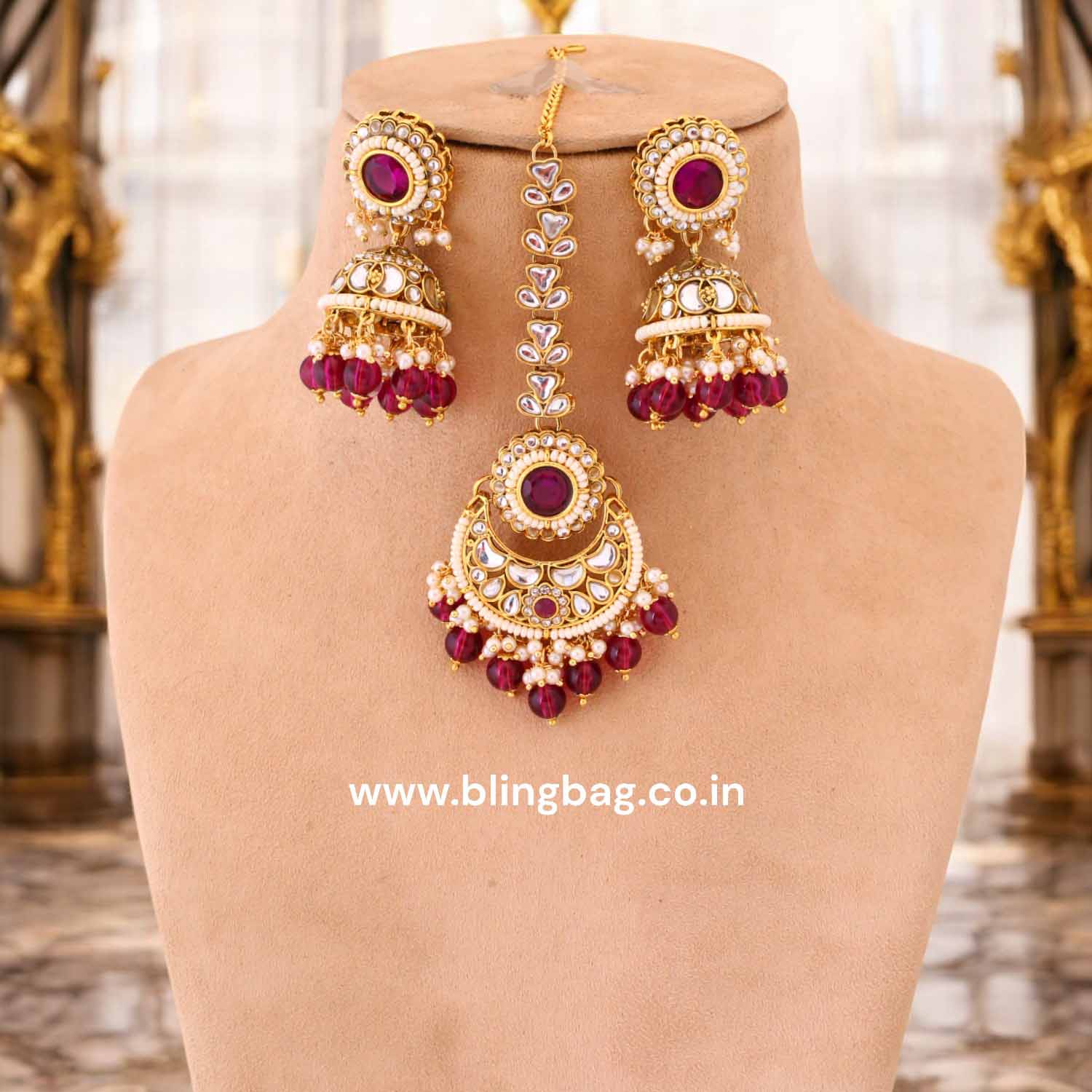 Wine Kaira Kundan Jewellery Set - Image 3