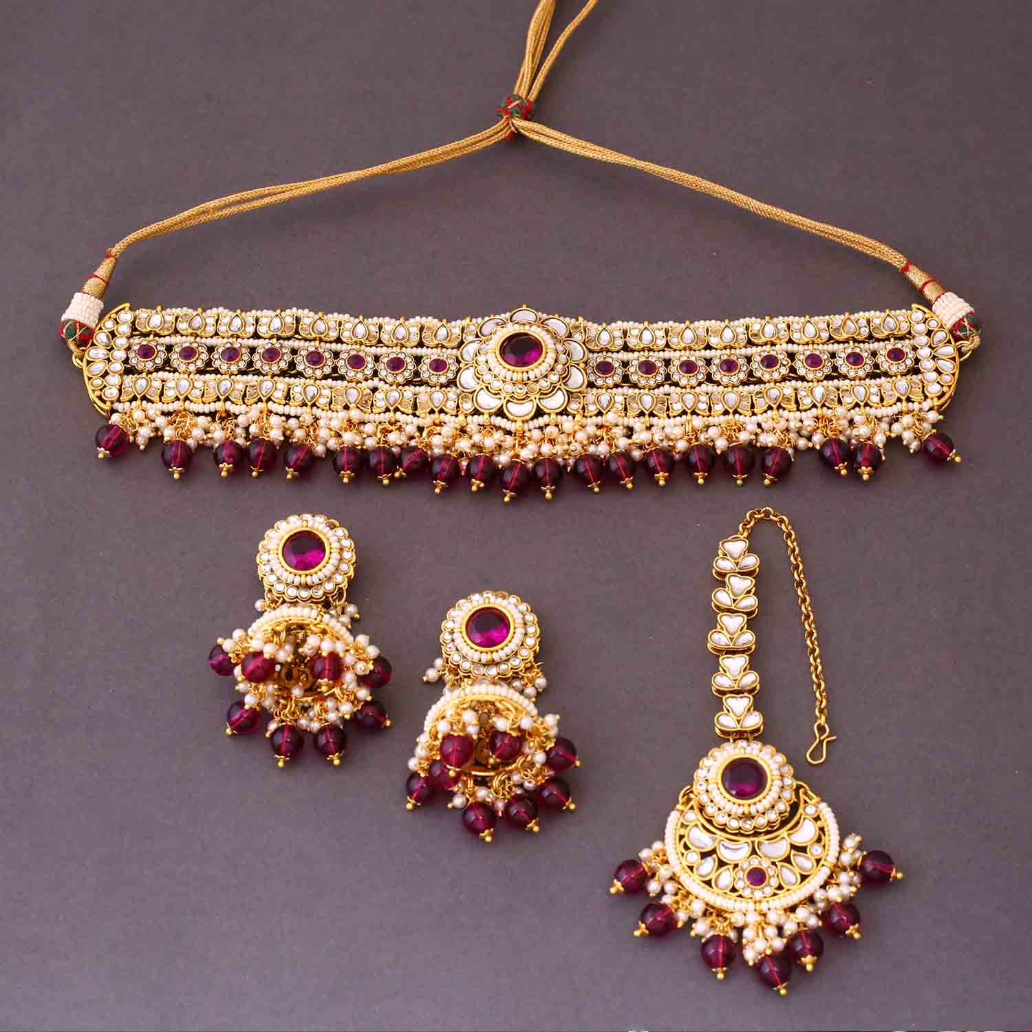 Wine Kaira Kundan Jewellery Set - Image 4