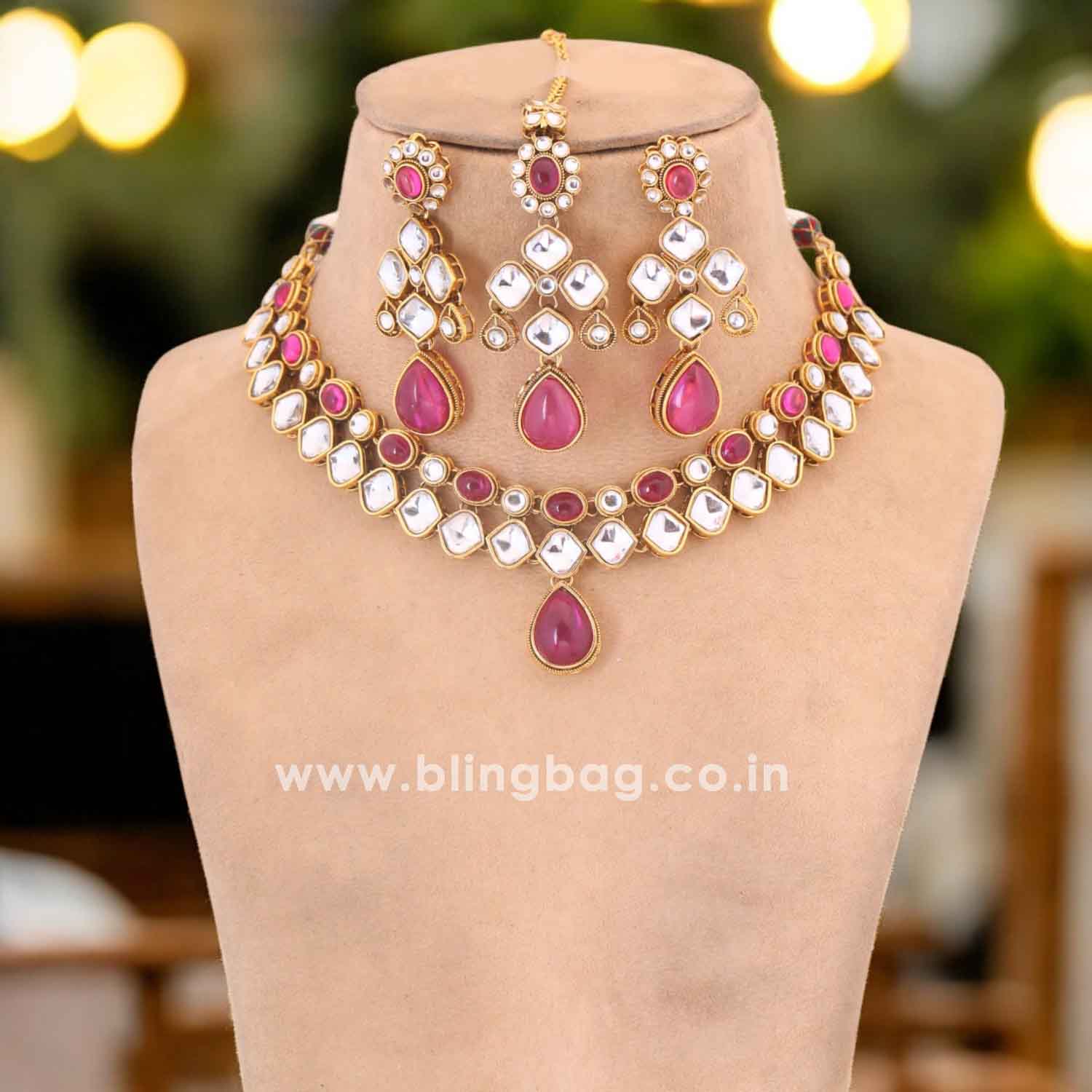 Wine Kharuya Kundan Jewellery Set - Image 2