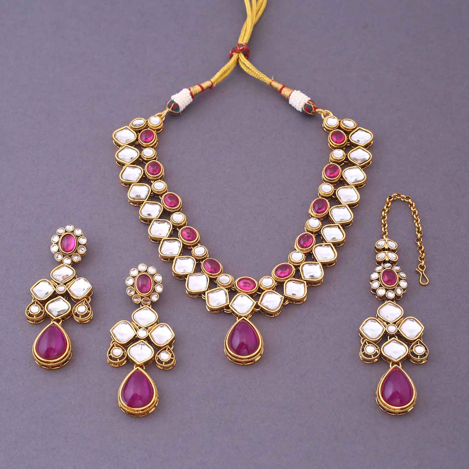 Wine Kharuya Kundan Jewellery Set - Image 3