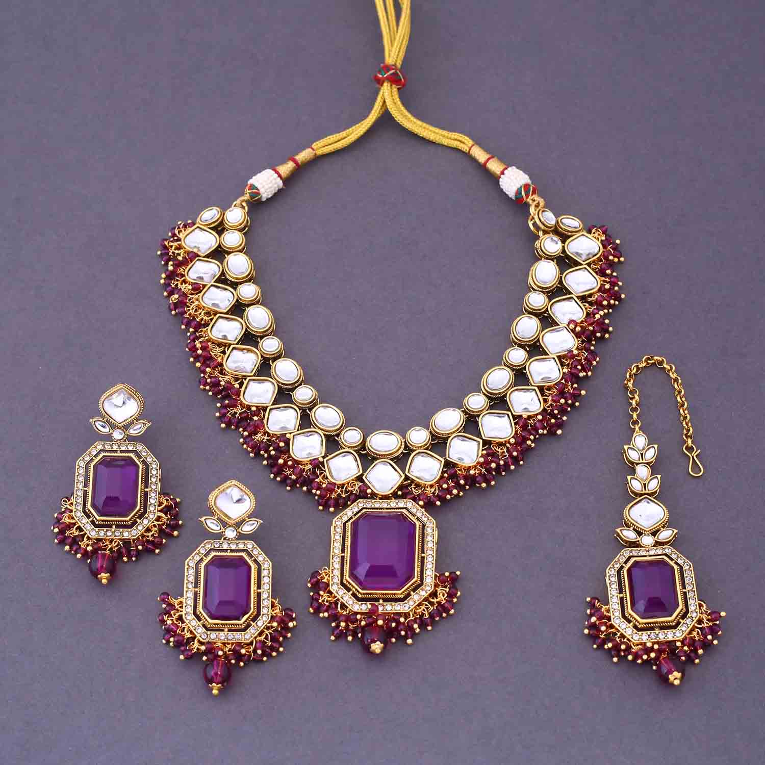 Wine Kuntala Kundan Jewellery Set - Image 3