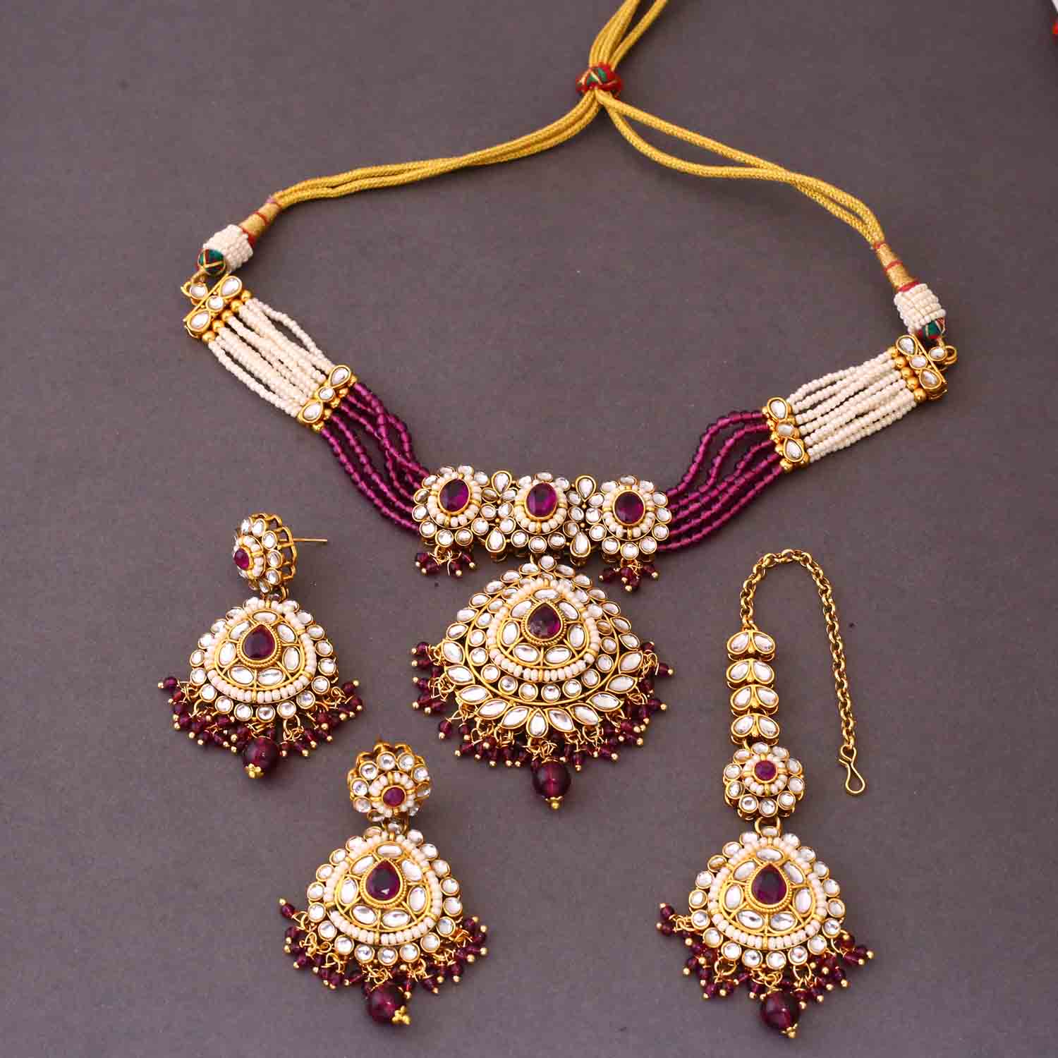 Wine Nayra Kundan Jewellery Set - Image 4