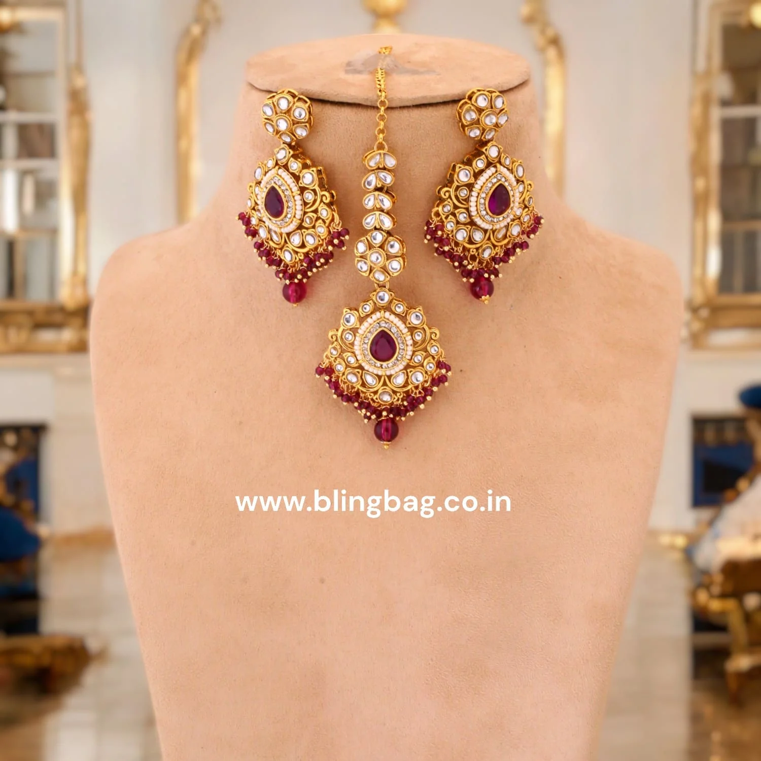 Wine Nemisha Kundan Jewellery Set - Image 3