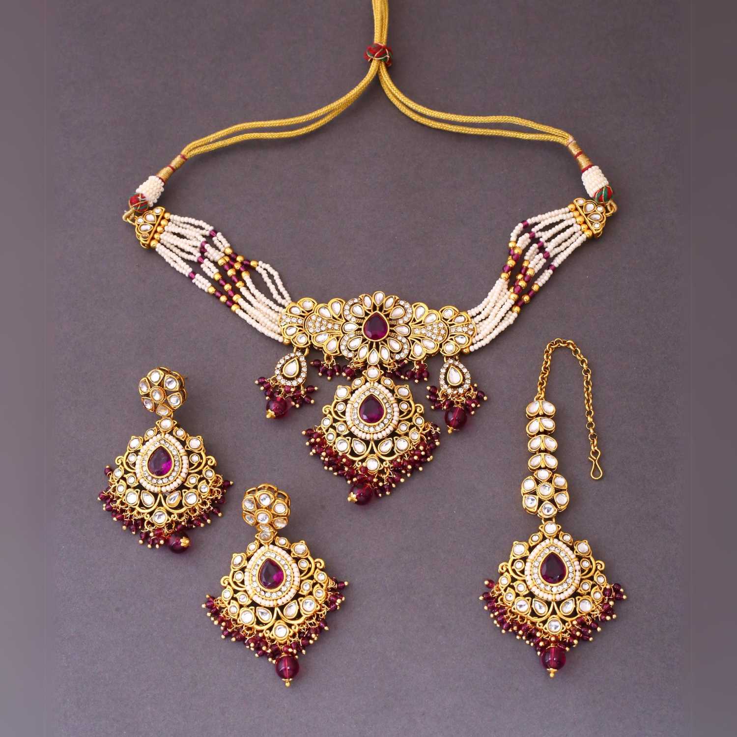Wine Nemisha Kundan Jewellery Set - Image 4