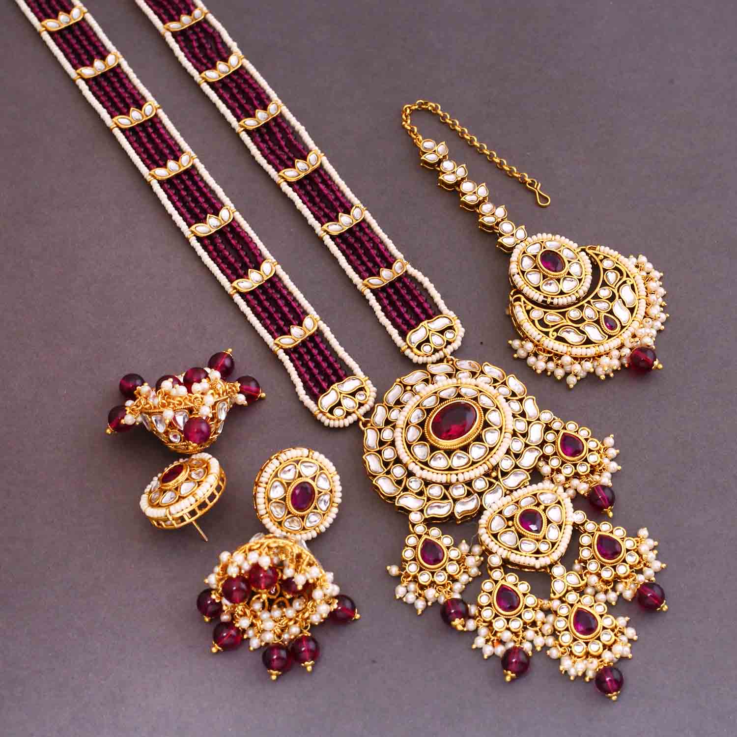 Wine Yashashvi Kundan Jewellery Set - Image 4